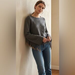 Rare TSE Claudia Schiffer Wool-Cashmere Beaded Fringe Sweater (M)